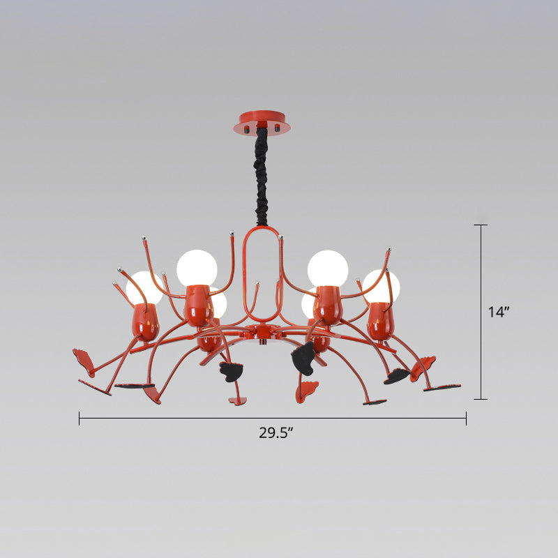 Red Stick-Man Chandelier Novelty Cartoon Metal Hanging Light Fixture for Kids Room