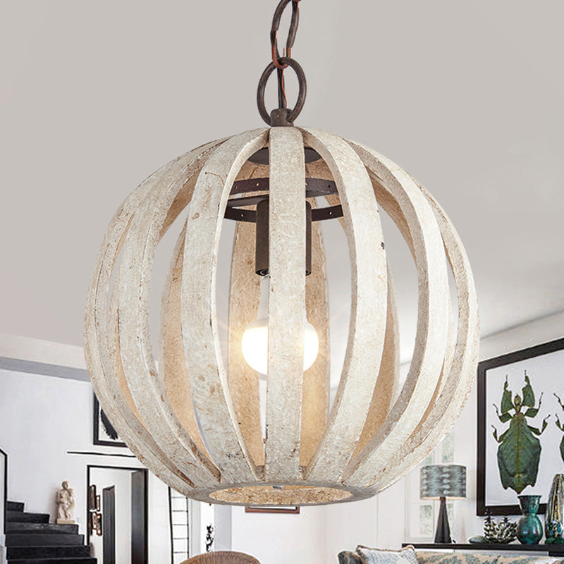 Globe Cage Wood Hanging Ceiling Light Rustic 1 Light Living Room Pendant Lamp in White