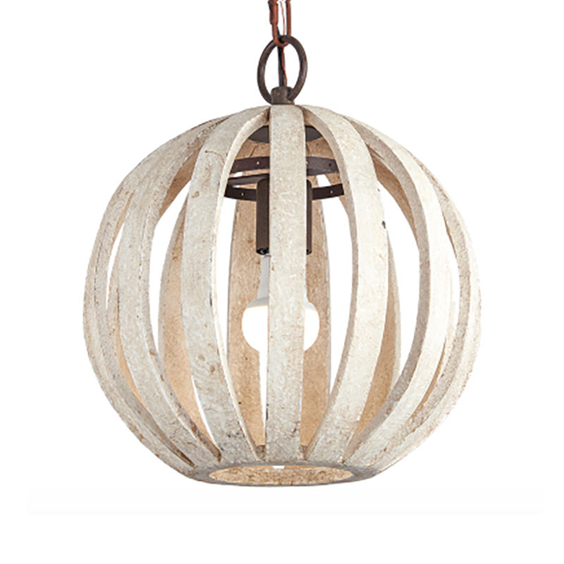 Globe Cage Wood Hanging Techo Luz Rústica 1 Lámpara de estar de sala de estar Lámpara en blanco