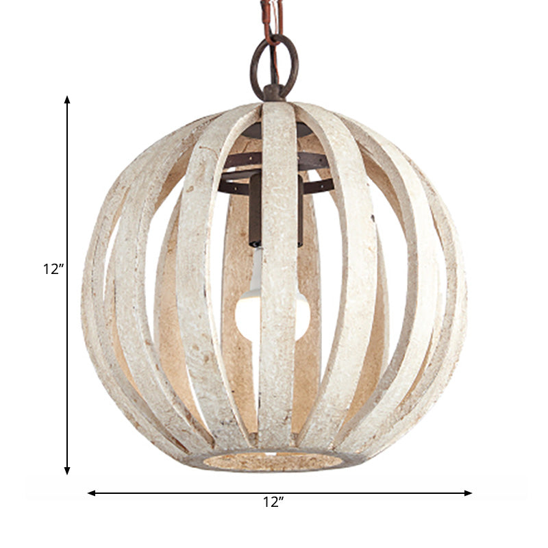 Globe Cage Wood Hanging Ceiling Light Rustic 1 Light Living Room Pendant Lamp in White