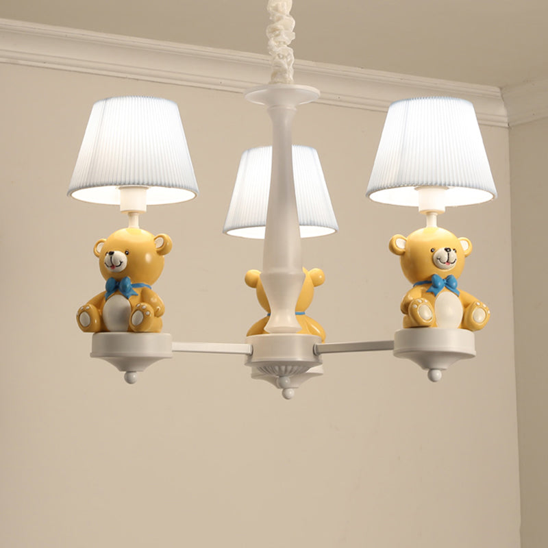 Yellow Bear Toy Chandelier Cartoon Resin Suspension Light with Tapered Gathered Fabric Shade