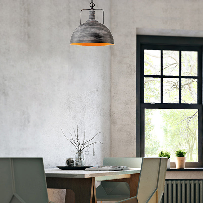 Aged Silver Domed Pendant Lamp Industrial Metal 1 Light Dining Table Hanging Light, 12"/16" Width