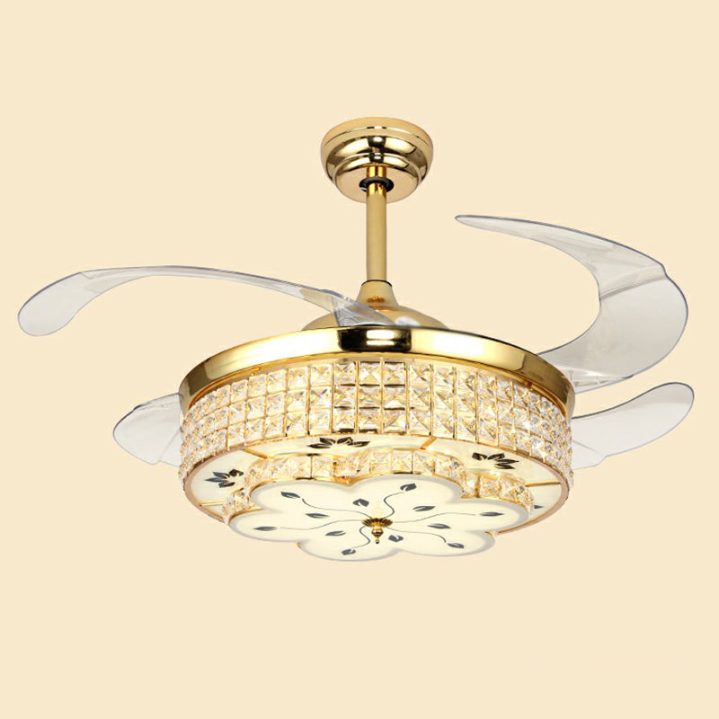 Floral Crystal Embedded Ceiling Fan Lamp Modern Gold Finish LED Semi Flush Light with 4 Clear Blades