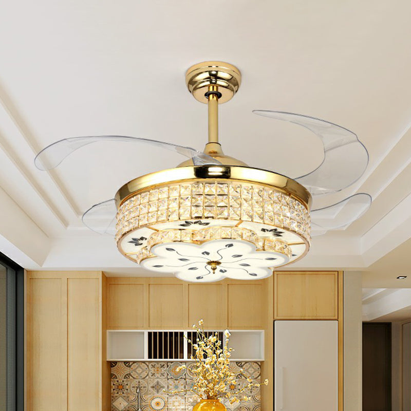 Floral Crystal Embedded Ceiling Fan Lamp Modern Gold Finish LED Semi Flush Light with 4 Clear Blades