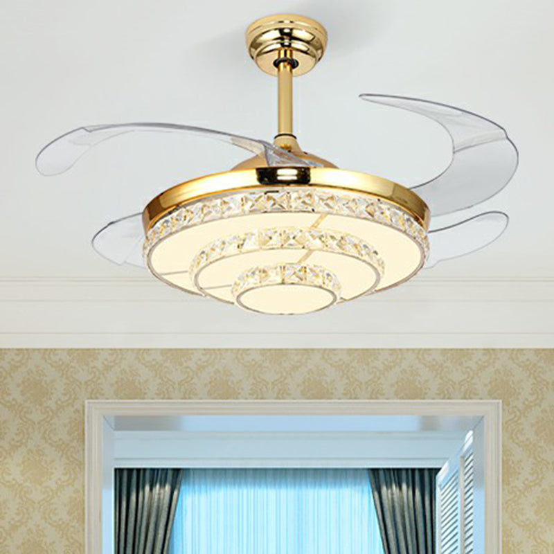 4-blade gelaagde Ronde slaapkamer Hangventilator Licht Crystal Modernistische LED Semi Flush Light in goud, 42 "W