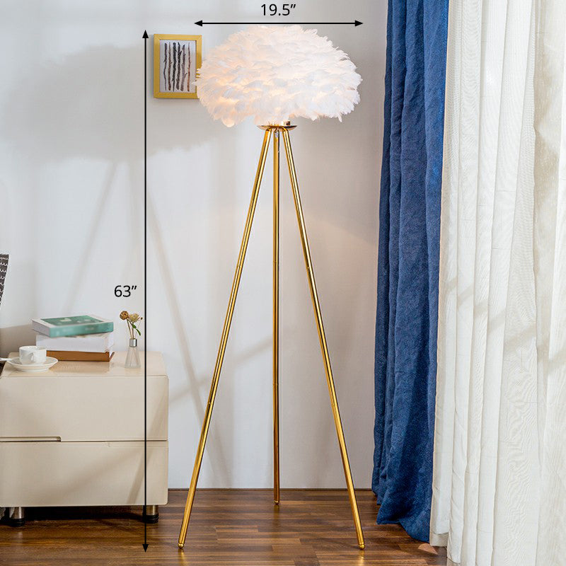 Dome Bedside Floor Lamp Feather 1 Head Nordic Style Standing Light with Brass Tripod