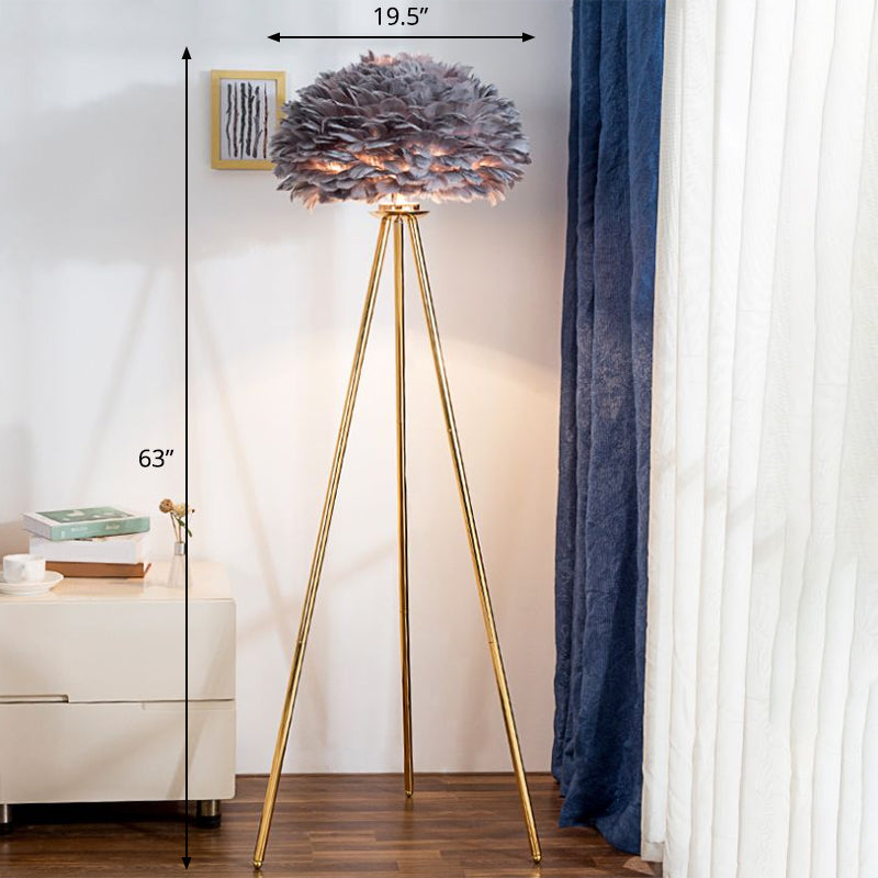 Dome Bedside Floor Lamp Feather 1 Head Nordic Style Standing Light with Brass Tripod