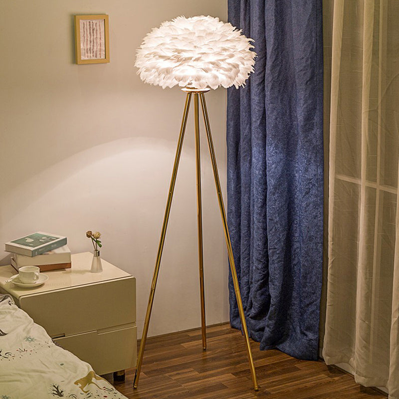 Dome Bedside Floor Lamp Feather 1 Head Nordic Style Standing Light with Brass Tripod