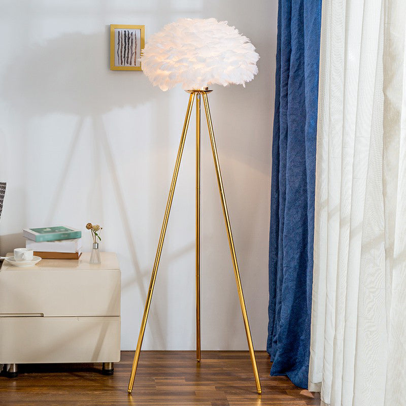 Dome Bedside Floor Lamp Feather 1 Head Nordic Style Standing Light with Brass Tripod