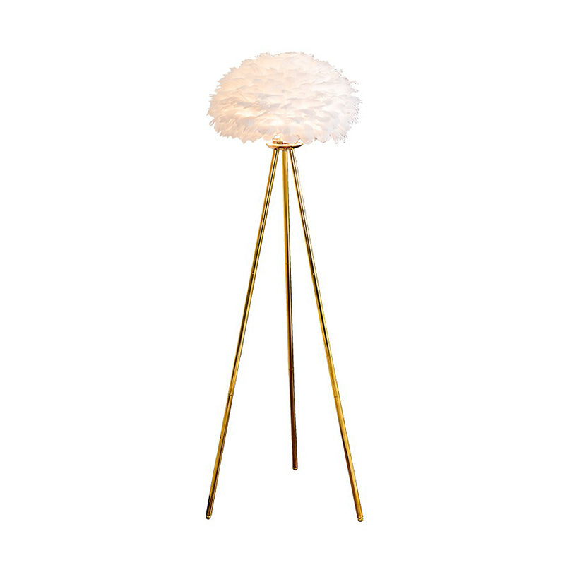 Dome Bedside Floor Lamp Feather 1 Head Nordic Style Standing Light with Brass Tripod