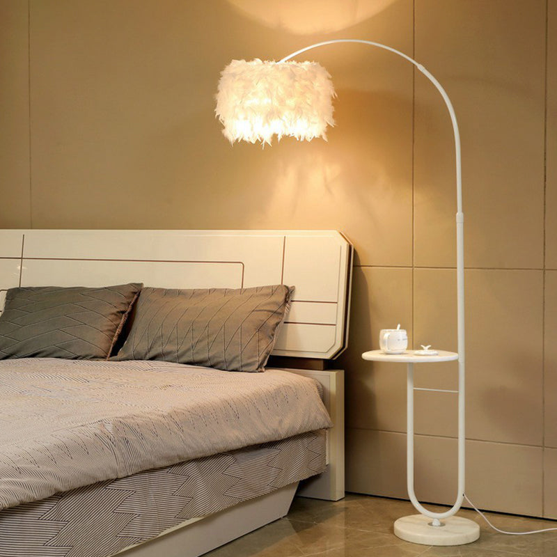 White Drum Standing Floor Lamp Simplicity Single Feather Floor Light with Tray and Arc Arm