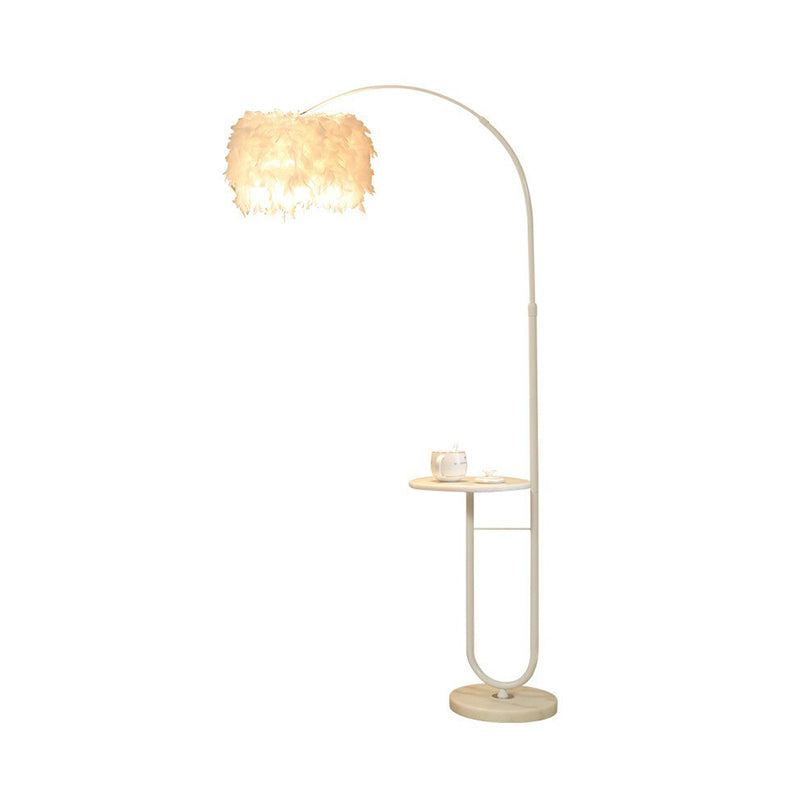 White Drum Standing Floor Lamp Simplicity Single Feather Floor Light with Tray and Arc Arm