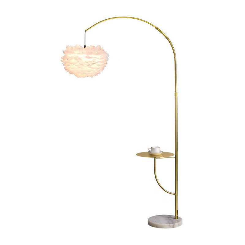 Antique Gold Arc Standing Lamp Postmodern 1-Bulb Metal Tray Floor Light with Suspended Feather Shade