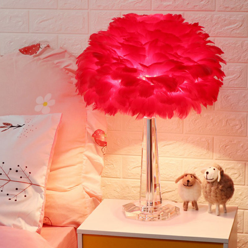 1-Light Bedside Night Lamp Nordic Table Light with Layered Feather Shade and Crystal Accent