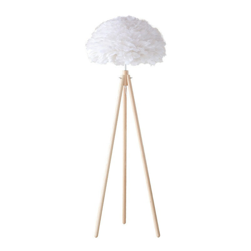 White Dome Floor Lamp Minimalist 1 Bulb Feather Standing Light with Wood Tripod