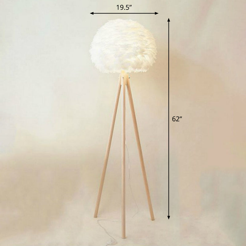 White Dome Floor Lamp Minimalist 1 Bulb Feather Standing Light with Wood Tripod