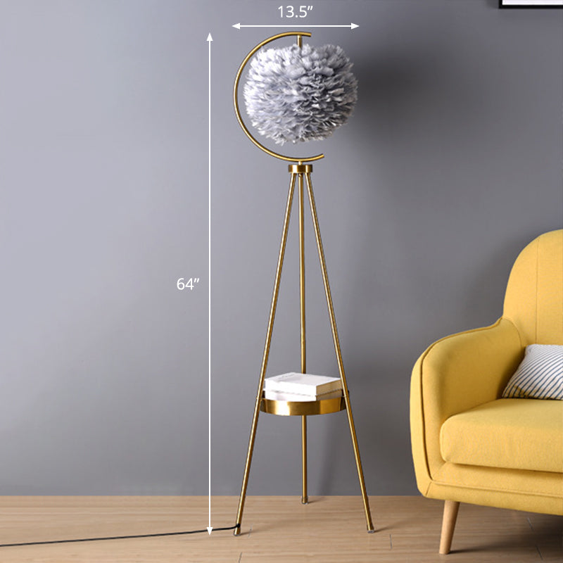 Feather Ball Floor Lighting Nordic 1 Head Stand Up Lamp with Brass Tripod and Tray