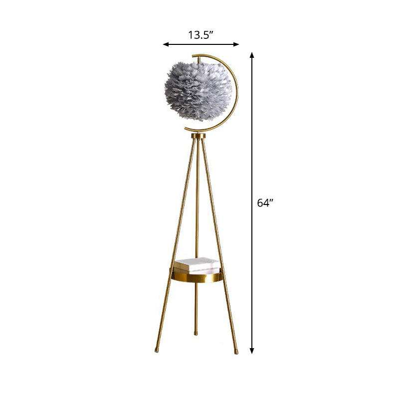 Feather Ball Floor Lighting Nordic 1 Head Stand Up Lamp with Brass Tripod and Tray