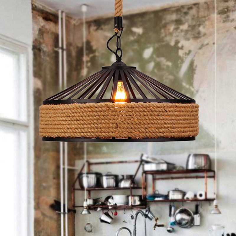 Brown 1-Light Pendant Light Countryside Roped Barn Shaped Hanging Ceiling Light for Bistro