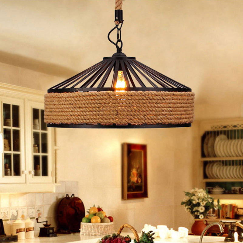 Brown 1-Light Pendant Light Countryside Roped Barn Shaped Hanging Ceiling Light for Bistro