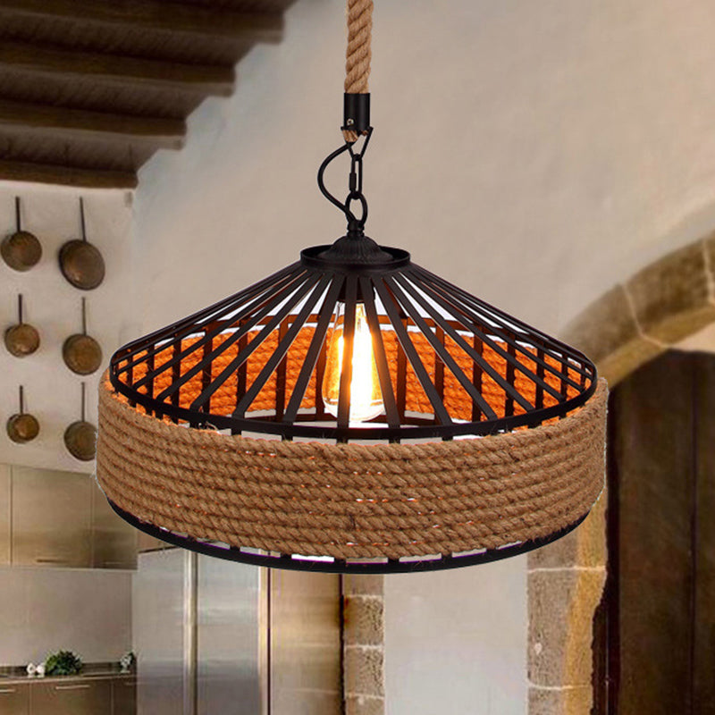 Brown 1-Light Pendant Light Countryside Roped Barn Shaped Hanging Ceiling Light for Bistro