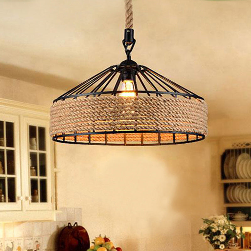 Brown 1-Light Pendant Light Countryside Roped Barn Shaped Hanging Ceiling Light for Bistro