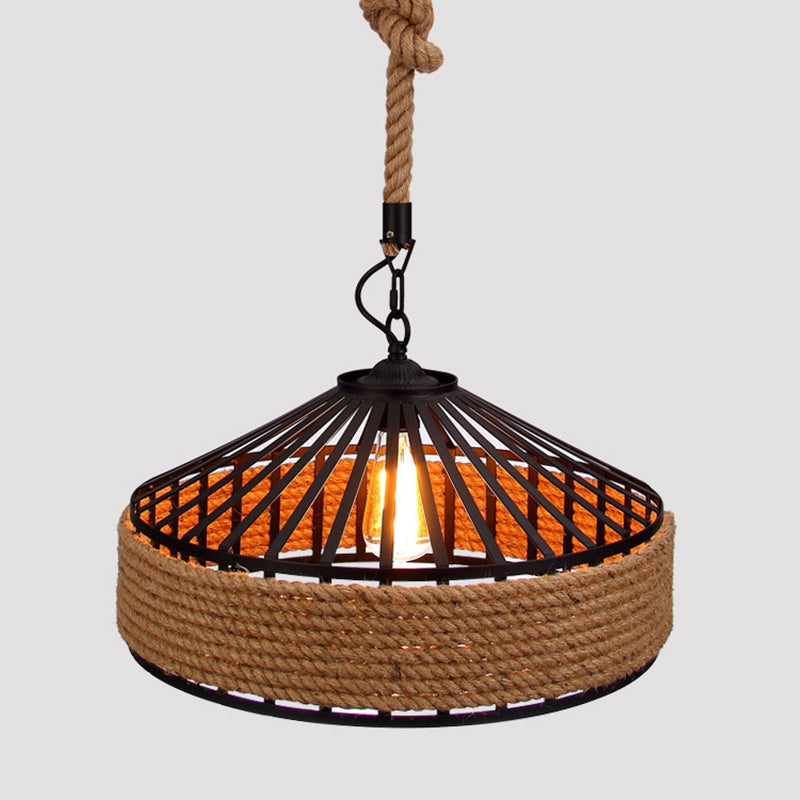 Brown 1-Light Pendant Light Countryside Roped Barn Shaped Hanging Ceiling Light for Bistro