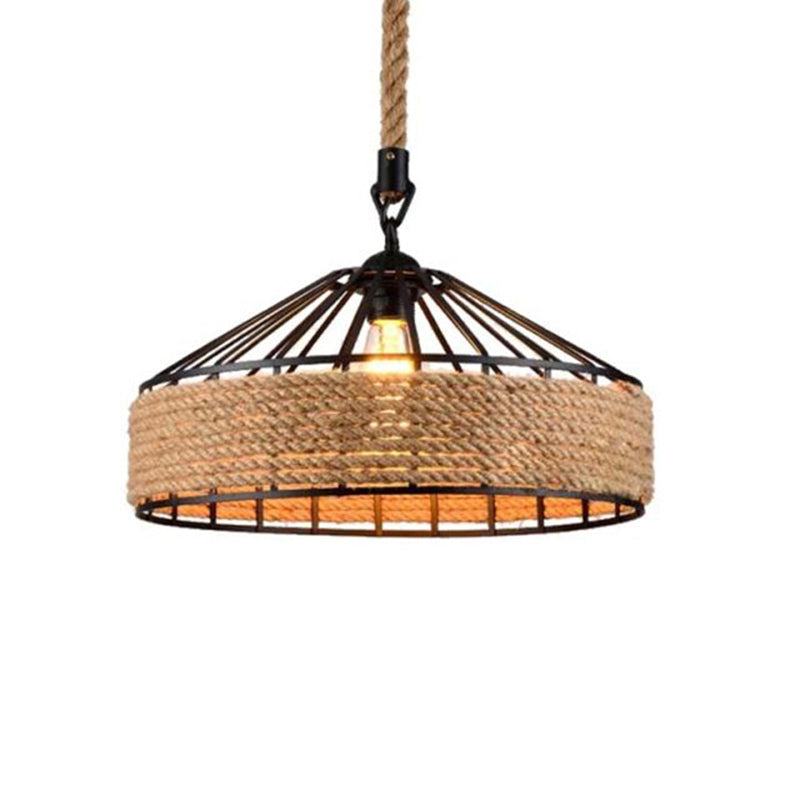 Brown 1-Light Pendant Light Countryside Roped Barn Shaped Hanging Ceiling Light for Bistro