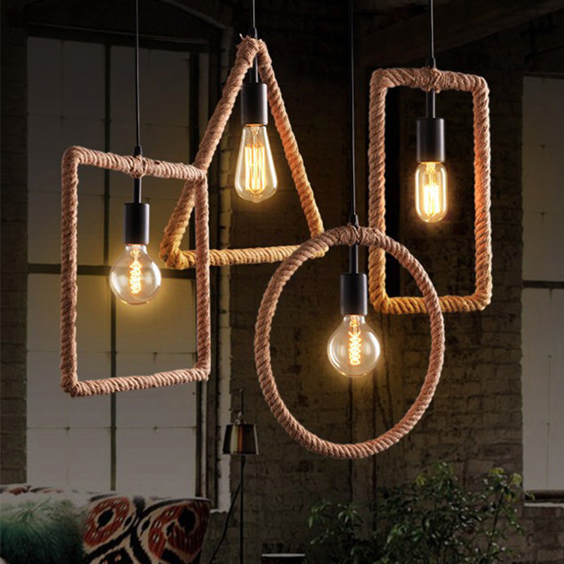 Roped Geometric Frame Pendulum Light Minimalist Single Dining Room Pendant Light Fixture in Brown