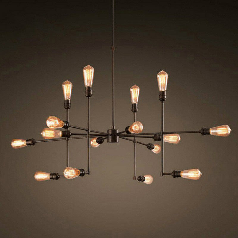 16 Bulbs 4-Sided Chandelier Industrial Style Black Metal Ceiling Hang Light for Living Room