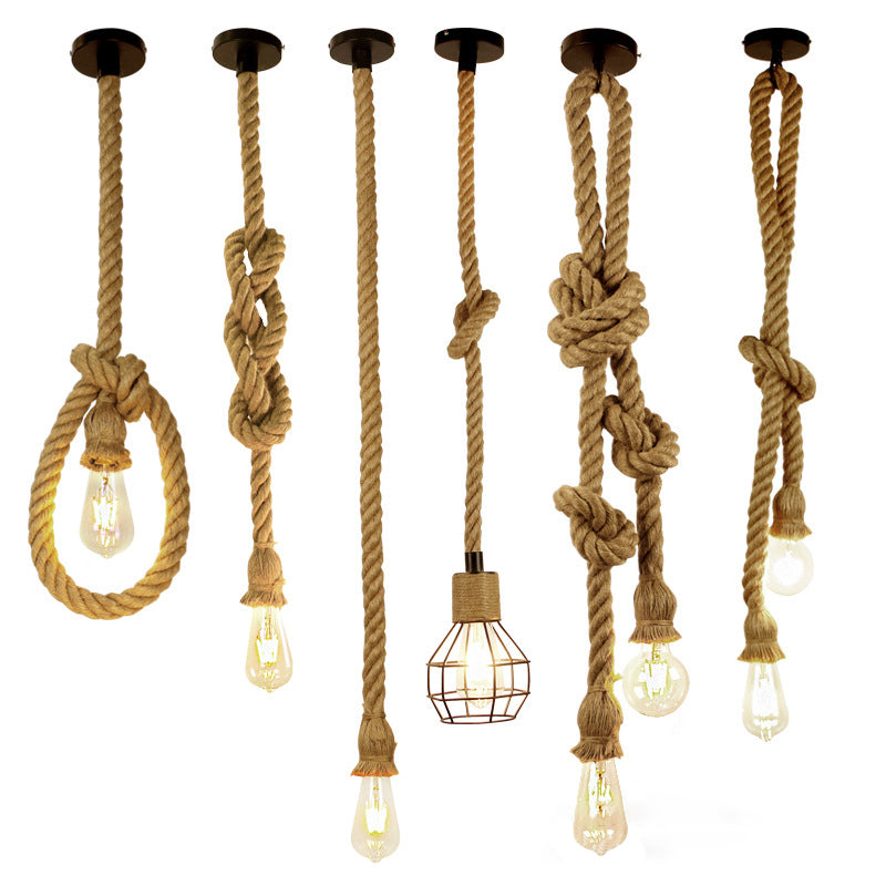 Open Bulb Bistro Down Lighting Pendant Rural Rope 1 Head Brown Hanging Ceiling Light