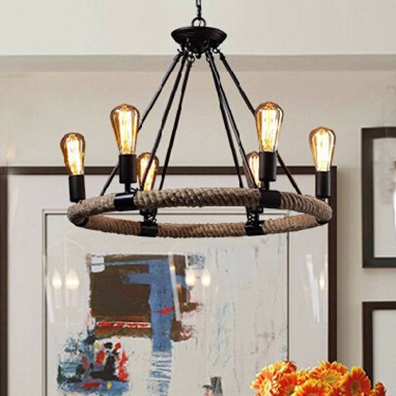 Loop Shaped Restaurant Chandelier Lamp Country Hemp Rope Black Hanging Ceiling Light