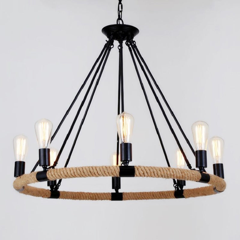 Loop Shaped Restaurant Chandelier Lamp Country Hemp Rope Black Hanging Ceiling Light