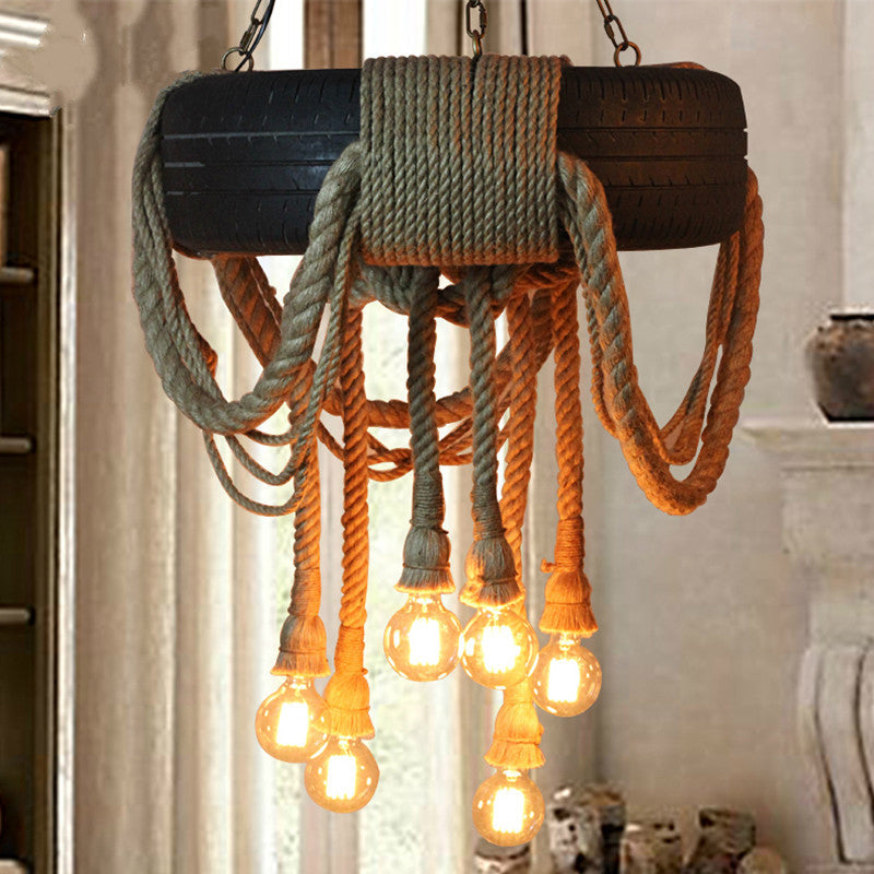 Brown 6-Light Chandelier Loft Style Rope Bare Bulb Pendant Lighting with Tyre Decoration