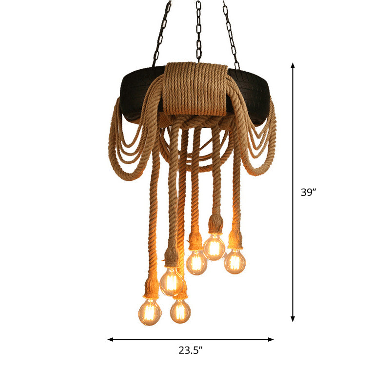 Brown 6-Light Chandelier Loft Style Rope Bare Bulb Pendant Lighting with Tyre Decoration