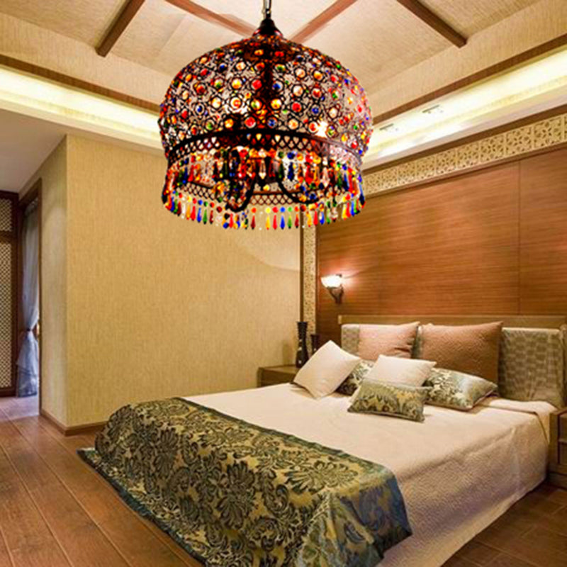 3-Bulb Crystal Bead Pendant Lamp Bohemian Multicolored Hollowed-out Bedroom Ceiling Light