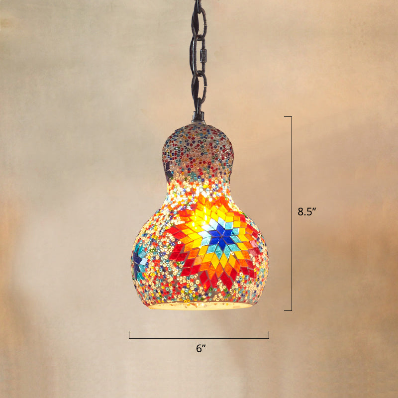 Bohemian Style Gourd Pendant Light 1-Bulb Stained Art Glass Hanging Light for Restaurant