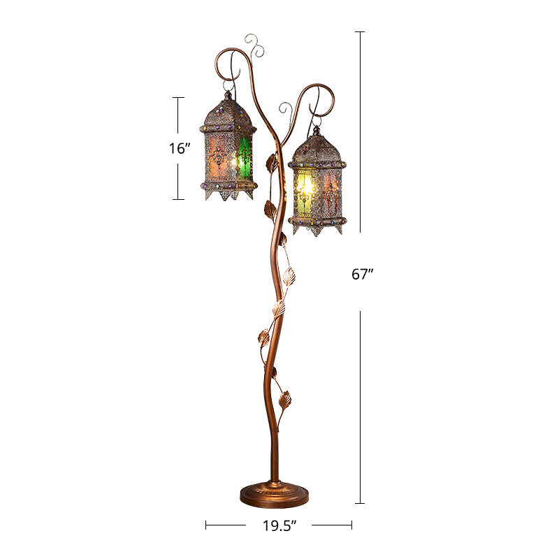 Rustic Lantern Floor Light 2 Bulbs Metal Stand Up Lamp with Ivy Decor in Brown for Living Room