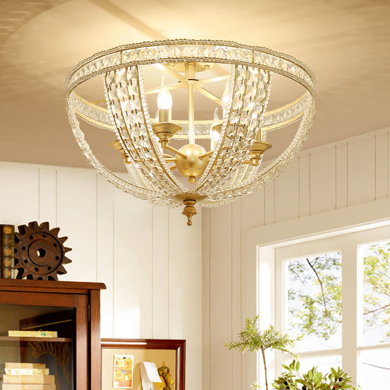 3 lichten Semi Flush Mount Light Traditional Bowl Crystal Strand dicht bij plafondlicht in goud