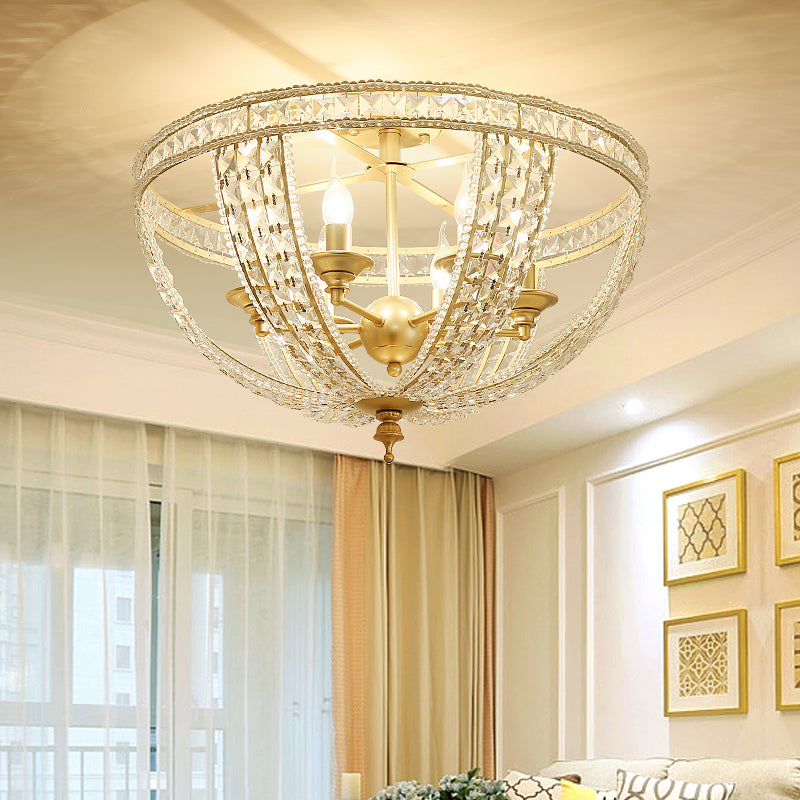 3 lichten Semi Flush Mount Light Traditional Bowl Crystal Strand dicht bij plafondlicht in goud