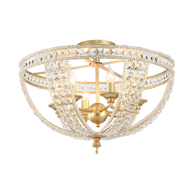 3 lichten Semi Flush Mount Light Traditional Bowl Crystal Strand dicht bij plafondlicht in goud