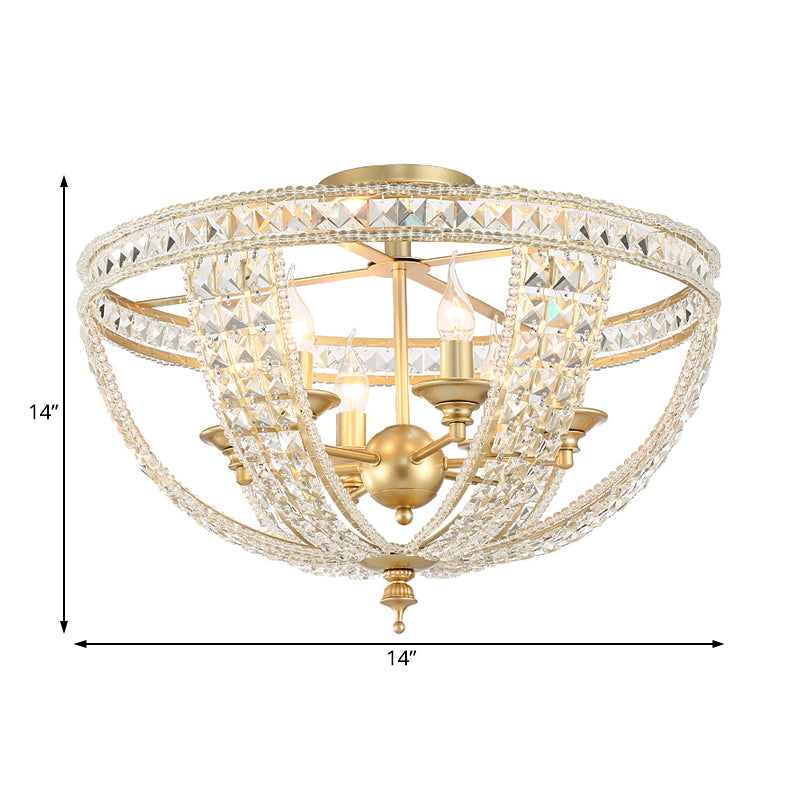 3 lichten Semi Flush Mount Light Traditional Bowl Crystal Strand dicht bij plafondlicht in goud