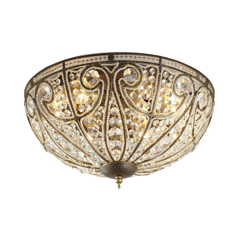 Brass 4 Lights Flush Light Fixture Rustic Metal and Crystal Dome Close to Ceiling Light