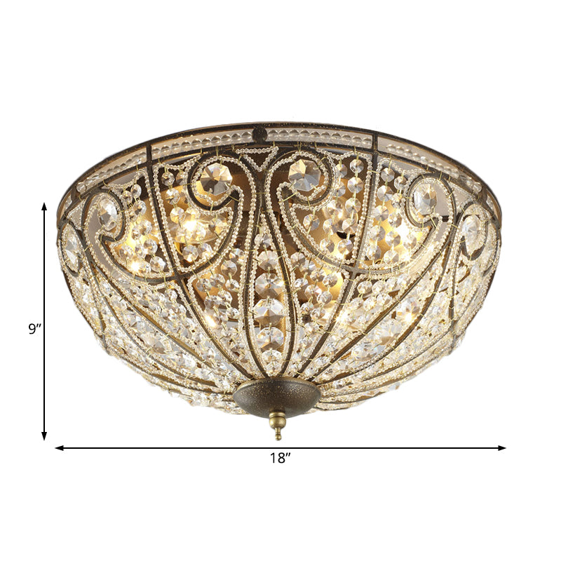 Brass 4 Lights Flush Light Fixture Rustic Metal and Crystal Dome Close to Ceiling Light