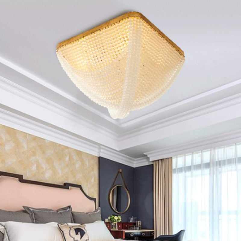 4 Lights Flush Mount Light Rustic Bedroom Ceiling Lamp with Square White Crystal Beaded Shade