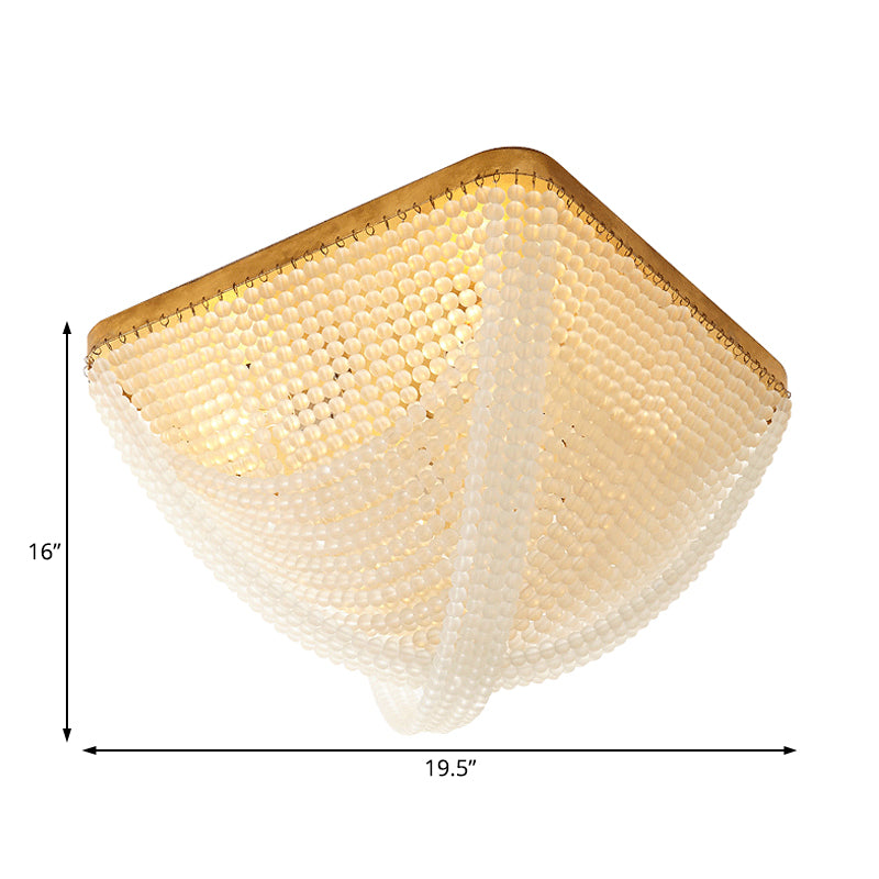 Lámpara de techo rústica para dormitorio, montaje empotrado, 4 luces, con pantalla cuadrada de cuentas de cristal blanco