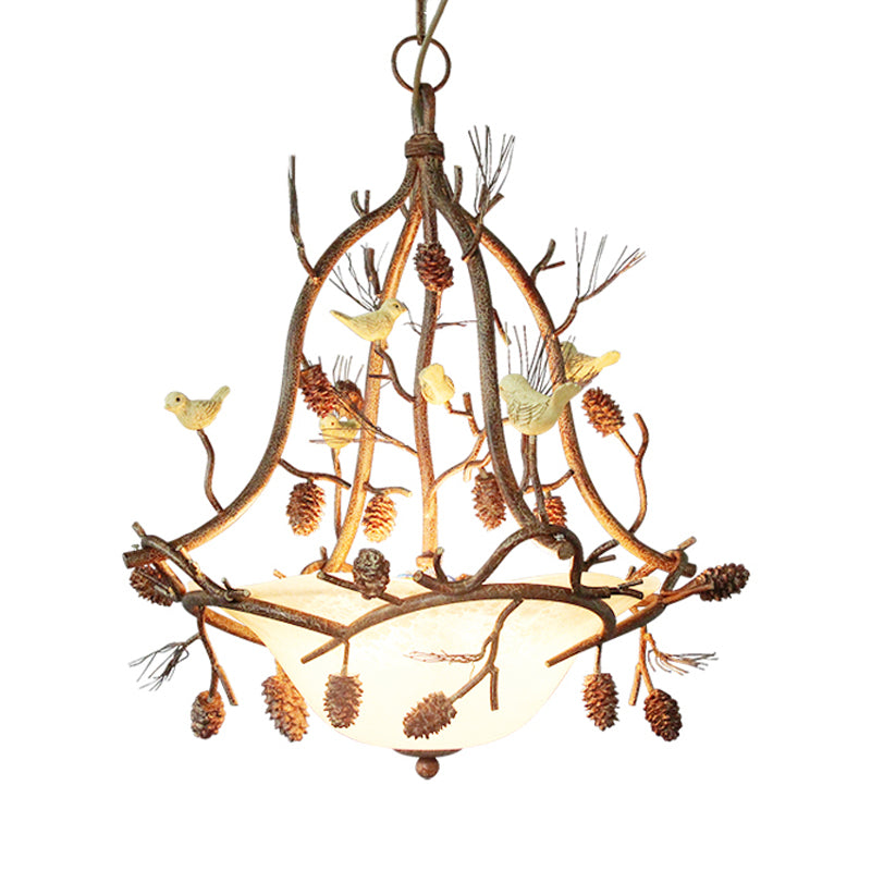 3 Lights Frosted Glass Hanging Chandelier Country Brown Bowl Dining Room Pendant Light Fixture with Bird and Pinecone