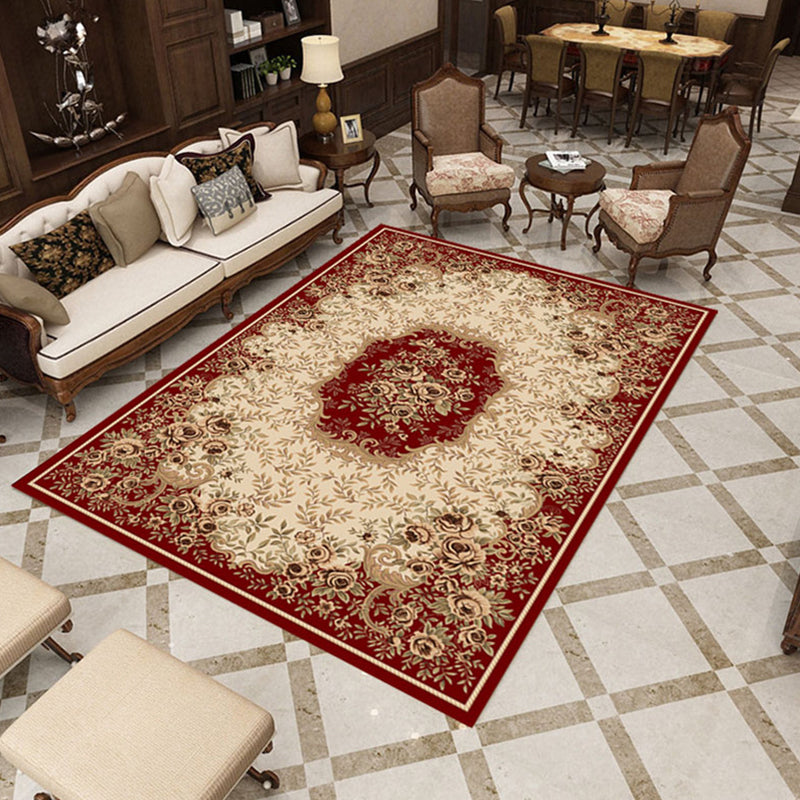 Multi-Color Living Room Rug Olden Floral Print Area Rug Polyster Non-Slip Machine Washable Carpet