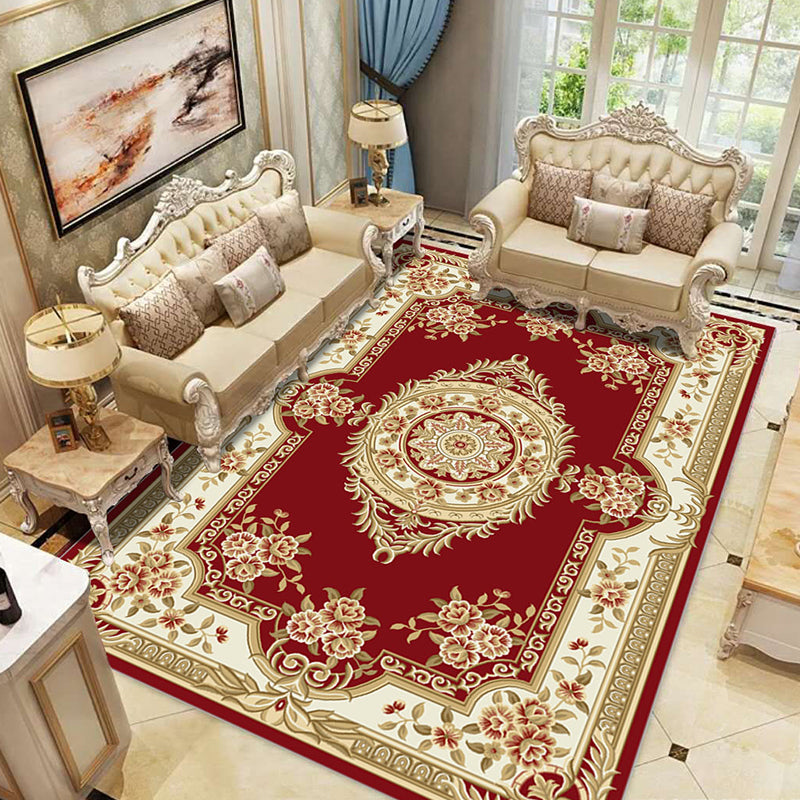 Antique Living Room Rug Multi Colored Flower Print Carpet Polyster Pet Friendly Machine Washable Indoor Rug