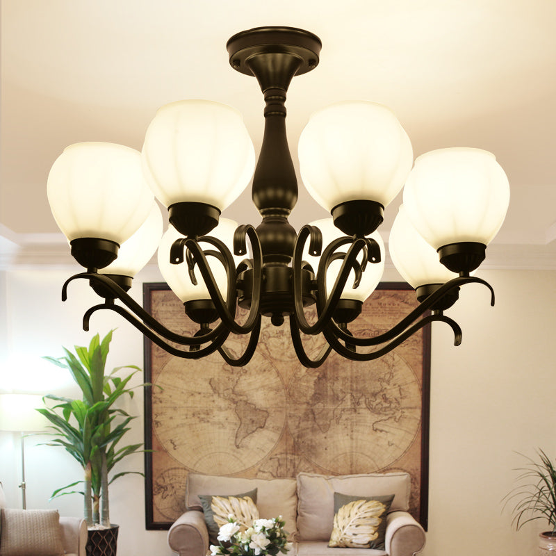 Black 3/5/6 Lights Monte de techo tradicional Glass White Swooping brazo Semi Flush Light para sala de estar